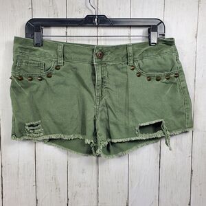 REWASH Women Shorts Denim Green Low Rise Studded Distressed Frayed Hem Size 9 Jr